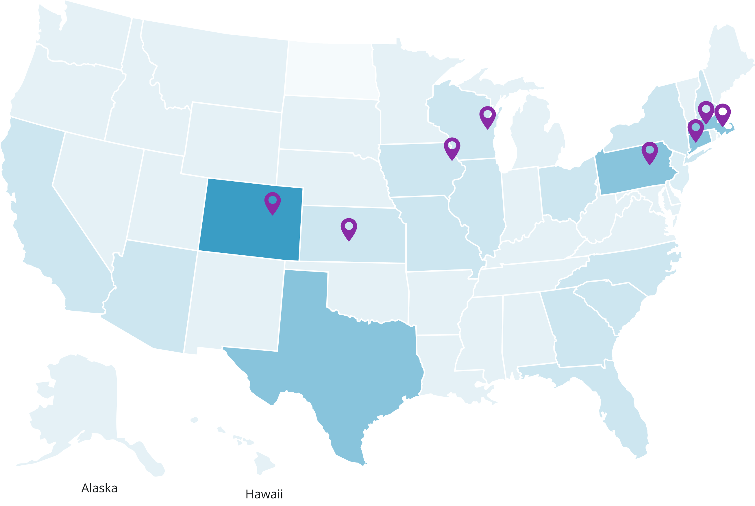 A United States map featuring purple pins that highlight the locations within the country.